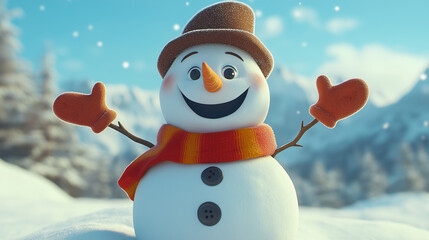 a cheerful cartoon snowman wearing a brown hat and a bright red scarf. It has a big smile, coal buttons, and its arms outstretched, creating a joyful and festive atmosphere, perfect for winter themes.