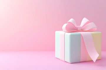 A pastel-colored gift box with a large ribbon, set against a soft pink background.