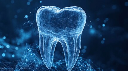 Poster - Elegant illustration of a beautiful transparent tooth showcasing detailed roots surrounded by an abstract blue artistic background highlighting the beauty of dental health in a modern style