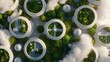 © NATTAWUT - An imaginative 3D visual of a sustainable world featuring interconnected factories that use circular economy principles with abundant greenery
