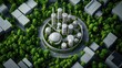 © NATTAWUT - An imaginative 3D visual of a sustainable world featuring interconnected factories that use circular economy principles with abundant greenery