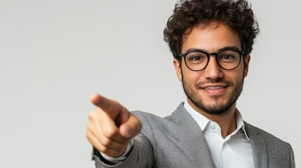 Wall Mural - Portrait of a happy businessman in eyeglasses pointing finger away over white background