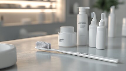 Poster - Elegant presentation of a white and monotone color dental care kit including a toothbrush and dental tools set on a light background that radiates cleanliness and promotes dental health awareness