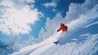 © cusniatul - A skier in an orange suit skis down a snowy slope with a blue sky and white clouds in the background.