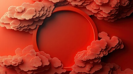 Aufkleber - Red Asian Design Background, with Circle Frame and Clouds on 3D Pattern. Chinese New Year Template with copy-space.