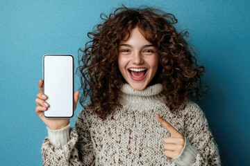 Advertising potential: girl displays smartphone with blank white screen, opportunities for advertising space and customizable text to engage audiences in digital marketing.