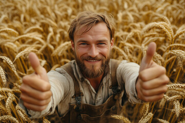 A happy farmer standing in the middle of a wheat and rye field, looking up showing a thumbs up gesture.