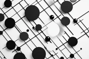 Poster - Large and small circles are interspersed on a diagonal grid of lines, creating an intriguing abstract geometric composition in black and white. Generative AI
