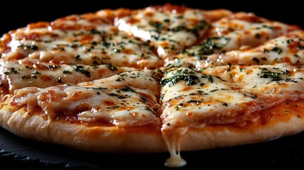 pizza with melting cheese, black background