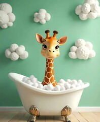 Giraffe in Bath, black and white giraffe bathing in the bathtub, funny animal, bathroom Interior safari poster, generative ai