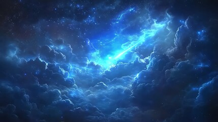 A radiant blue beam piercing through swirling dark clouds, casting sparkles and a cosmic glow.