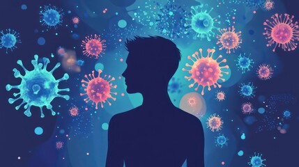 Poster - A silhouette of a person surrounded by stylized virus cells.