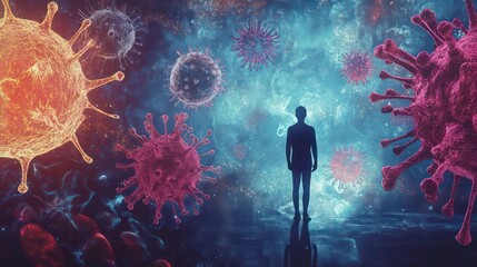 Poster - Silhouette of a man standing before a glowing background with many viruses.