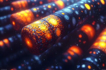 Poster - Abstract representation of vibrant, patterned cylindrical structures in a cosmic setting.