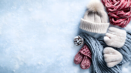 Cozy winter accessories including hat, mittens, and scarf on snowy background