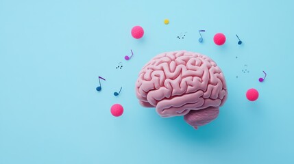 Poster - The human brain is illustrated with colorful musical notes and vibrant spheres, all set on a calming pastel blue background. Generative AI