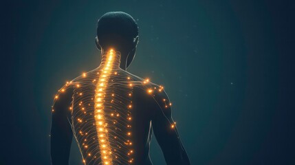 Poster - An abstract illustration of a human body with a glowing spinal cord.