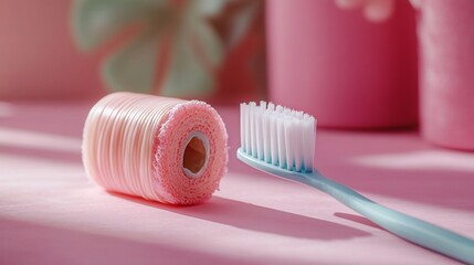 Poster - Engaging scene showcasing a toothbrush alongside a vibrant spool of dental floss with a soft pastel background that highlights their role in maintaining healthy teeth and gums