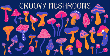 Wall Mural - set of various mushrooms in retro cartoon groovy 70s hippie funky style. different types of fungi ve