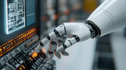 Poster - futuristic robot technician repairing a car battery with a holographic blueprint hovering in front a
