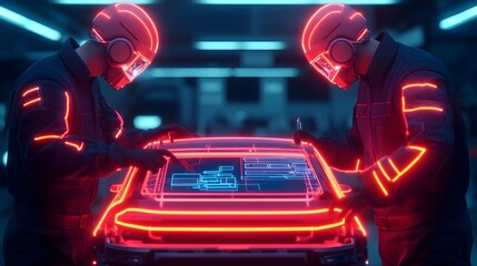 Poster - Futuristic mechanics working on the repair of a hover car using advanced holographic tools and equipment in a neon lit high tech industrial environment  Detailed 3D digital of a sci fi