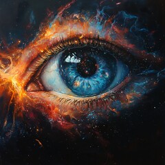 Poster - Ethereal cosmic eye depicted within a galaxy of swirling colors shimmering stardust and cosmic energy creating a spiritual vision effect that captivates the imagination set against a black backdrop