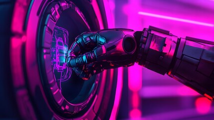 Poster - robot arm tightening bolts on self driving car wheel with holographic schematics in futuristic neon 
