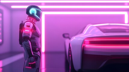 Poster - futuristic robotic mechanic inspects a floating car in a sleek neon lit garage with holographic tool