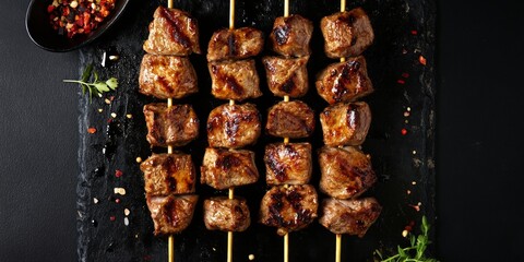 Wall Mural - Delicious grilled meat skewers arranged neatly on a dark surface. The rich brown color highlights the juicy texture. Perfect for food lovers and chefs. This image showcases a gourmet style. AI