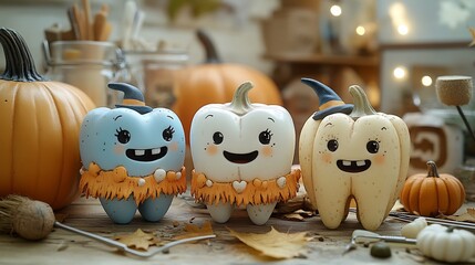Fototapete - Imaginative dentalthemed Halloween scene showcasing tooth figurines in spooky costumes surrounded by dental instruments pumpkins and a broom blending fun and health awareness in a creative way