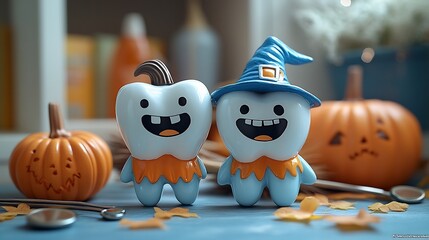Poster - Imaginative dentalthemed Halloween scene showcasing tooth figurines in spooky costumes surrounded by dental instruments pumpkins and a broom blending fun and health awareness in a creative way