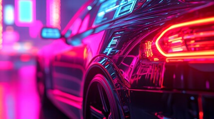 Poster - robot performing maintenance on futuristic electric car with holographic diagnostics screens and neo