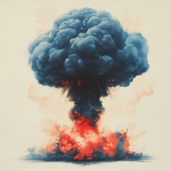 Poster - Imposing mushroom cloud a nuclear explosion billowing into the sky detailed with swirling smoke and intense colors Set against a stark white background it captures the power and impact of the event
