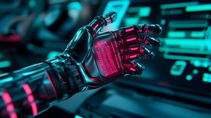 Poster - robotic arm adjusting futuristic car s ai powered interface in neon lit repair station featuring flo