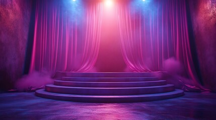 Poster - Impressive 3D podium featuring a soft fabric curtain and a brilliant spotlight contrasted against a deep purple background creating an aura of sophistication and elegance