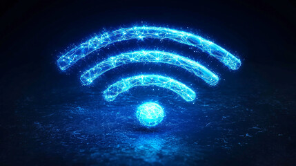 Poster - glowing blue Wi Fi symbol representing internet connectivity and digital communication. This vibrant symbol illustrates importance of wireless technology in modern life