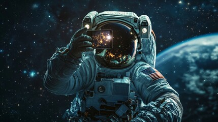 Wall Mural - astronaut taking selfie in space : an astronaut in a spacesuit taking a selfie in space, with earth 