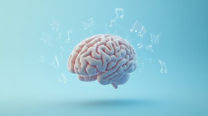 Poster - The human brain is surrounded by musical notes, illustrating the relationship between music and cognitive functions in a serene blue setting. Generative AI