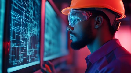 Poster - robotic engineer using advanced augmented reality technology to repair a high tech aerospace engine 