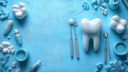 Fototapete - Informative banner design focusing on a dentist's office showcasing a detailed closeup of dental instruments and tools all set against a soothing blue backdrop promoting dental health awareness