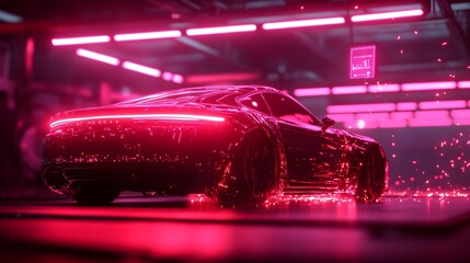 Poster - Autonomous robot welding a car s exterior with precision lasers sparks and holographic tools floating nearby in a dark industrial