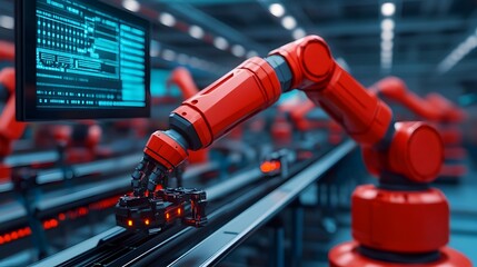 Poster - autonomous robots meticulously assembling electric car parts on conveyor belts in a highly automated