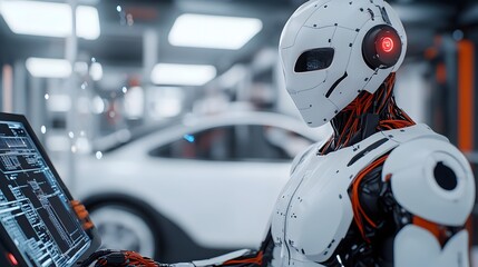 Poster - robot technician repairing and maintaining the advanced systems of a self driving autonomous car in 