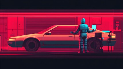 Poster - Robot mechanics working on repairing and maintaining a levitating car using advanced holographic tools in a dark neon lit futuristic garage setting