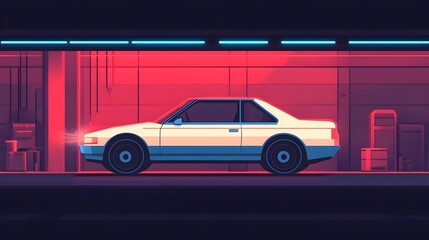 Poster - robot mechanics working in a dark futuristic garage fixing a levitating car with holographic tools i