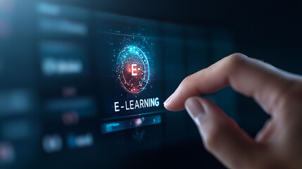 Poster - e-learning is becoming increasingly popular as method of education, with hand interacting with digit