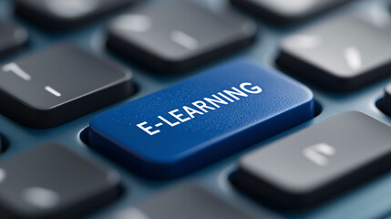 Poster - E-learning is modern educational approach that utilizes technology for learning. This close up image showcases blue key labeled E LEARNING on keyboard, symbolizing digital education