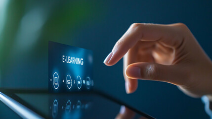 Poster - E-learning is becoming increasingly popular, as shown by hand swiping through interactive digital interface. This captures essence of modern education technology