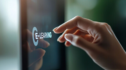 Poster - close up of hand tapping on e learning screen, showcasing digital E-learning experience. image conveys sense of engagement and modern education