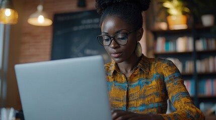 African American woman analyzing financial data on laptop screen